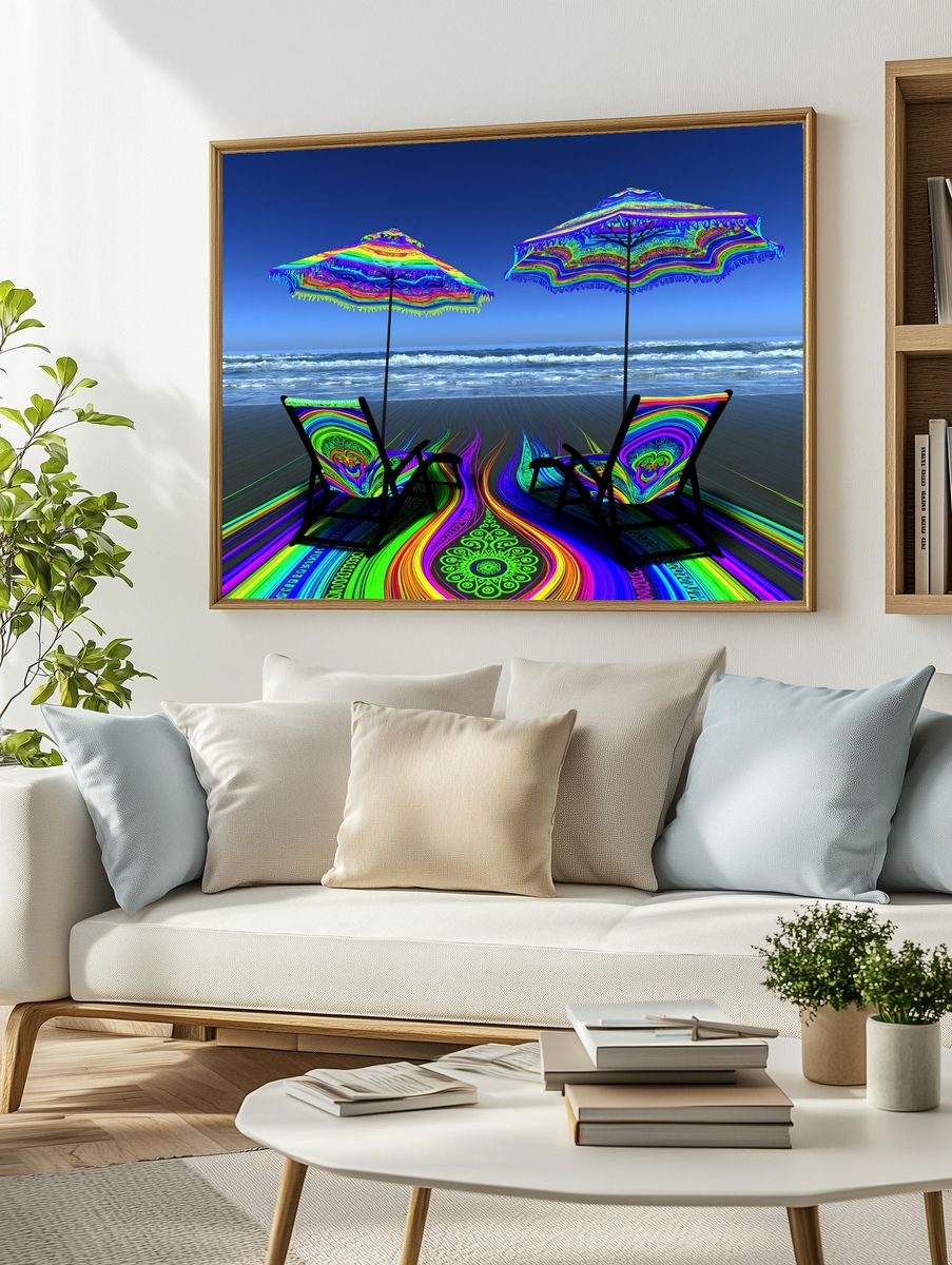 Neon Beach Lounge Illustration Poster. — room view 2