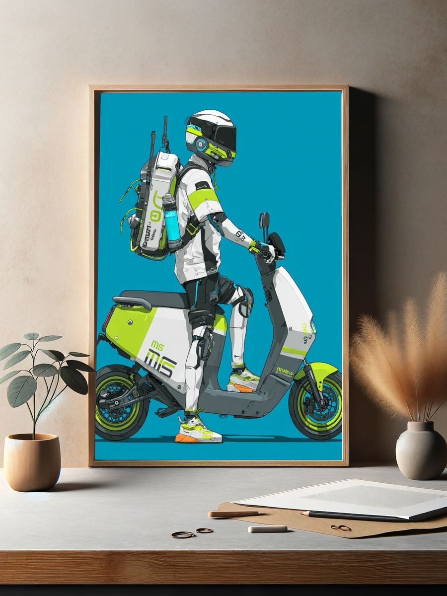 Futuristic Scooter Rider Illustration Poster. — room view 2