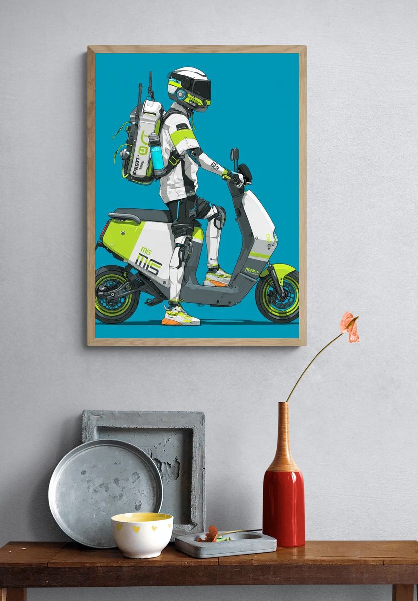 Futuristic Scooter Rider Illustration Poster. — room view 3