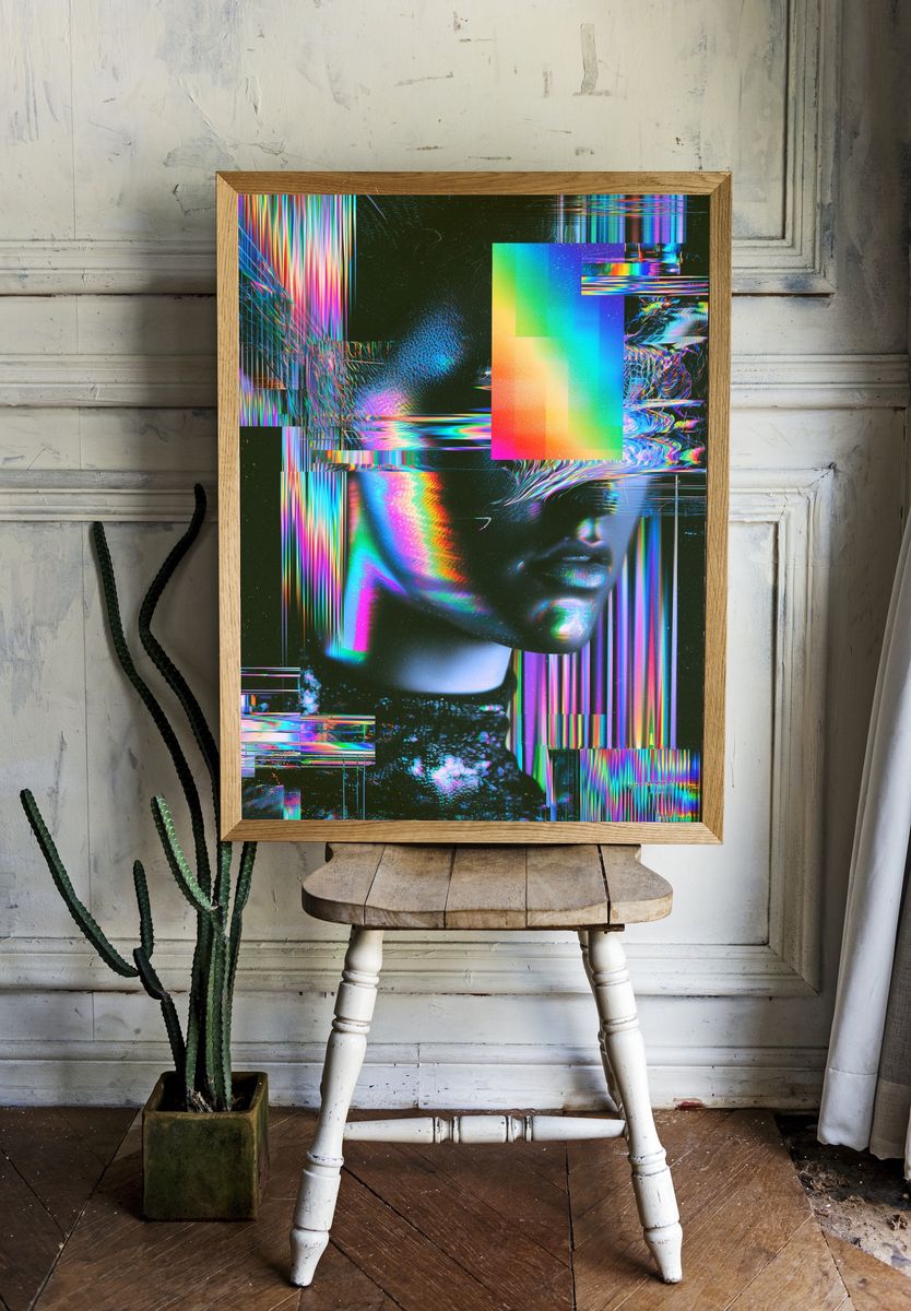 Glitch Neon Portrait Poster. room preview