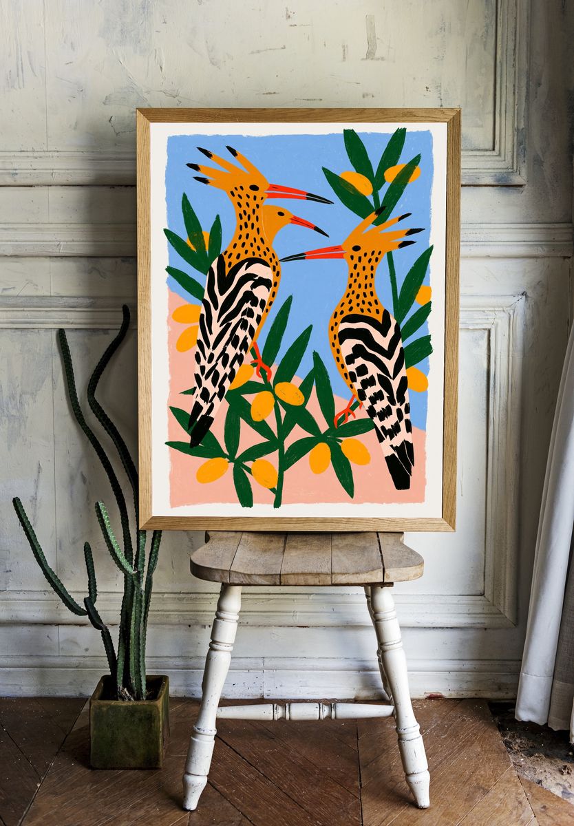 Tropical Hoopoe Birds Illustration Poster. room preview
