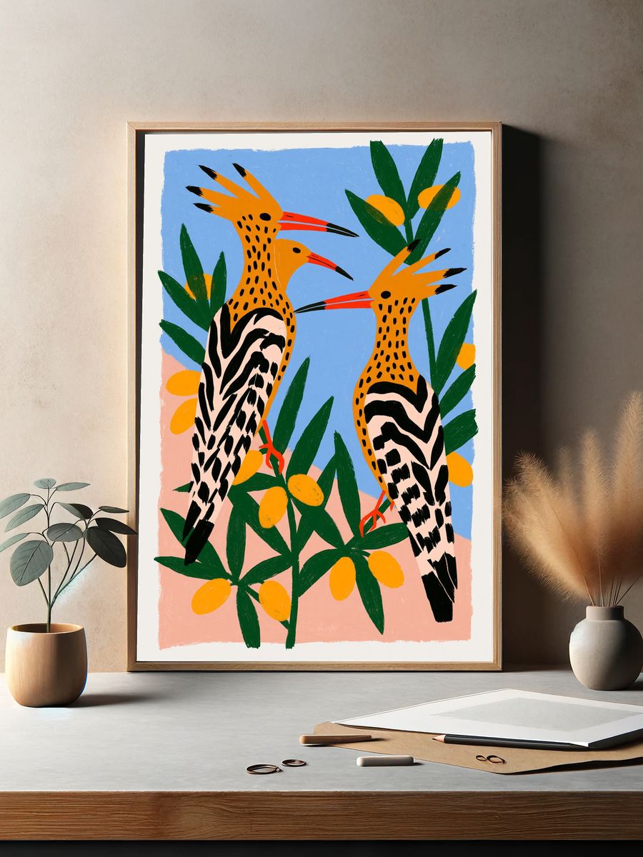 Tropical Hoopoe Birds Illustration Poster. — room view 2