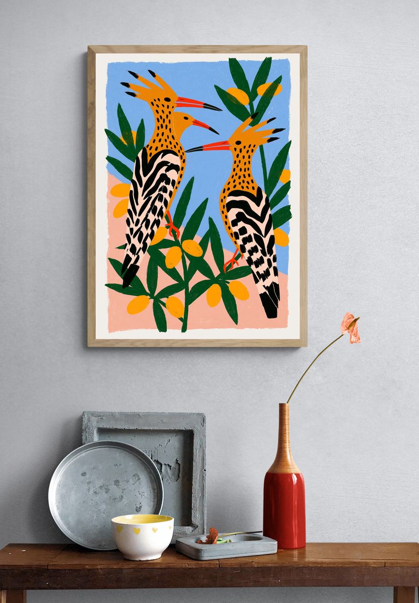 Tropical Hoopoe Birds Illustration Poster. — room view 3
