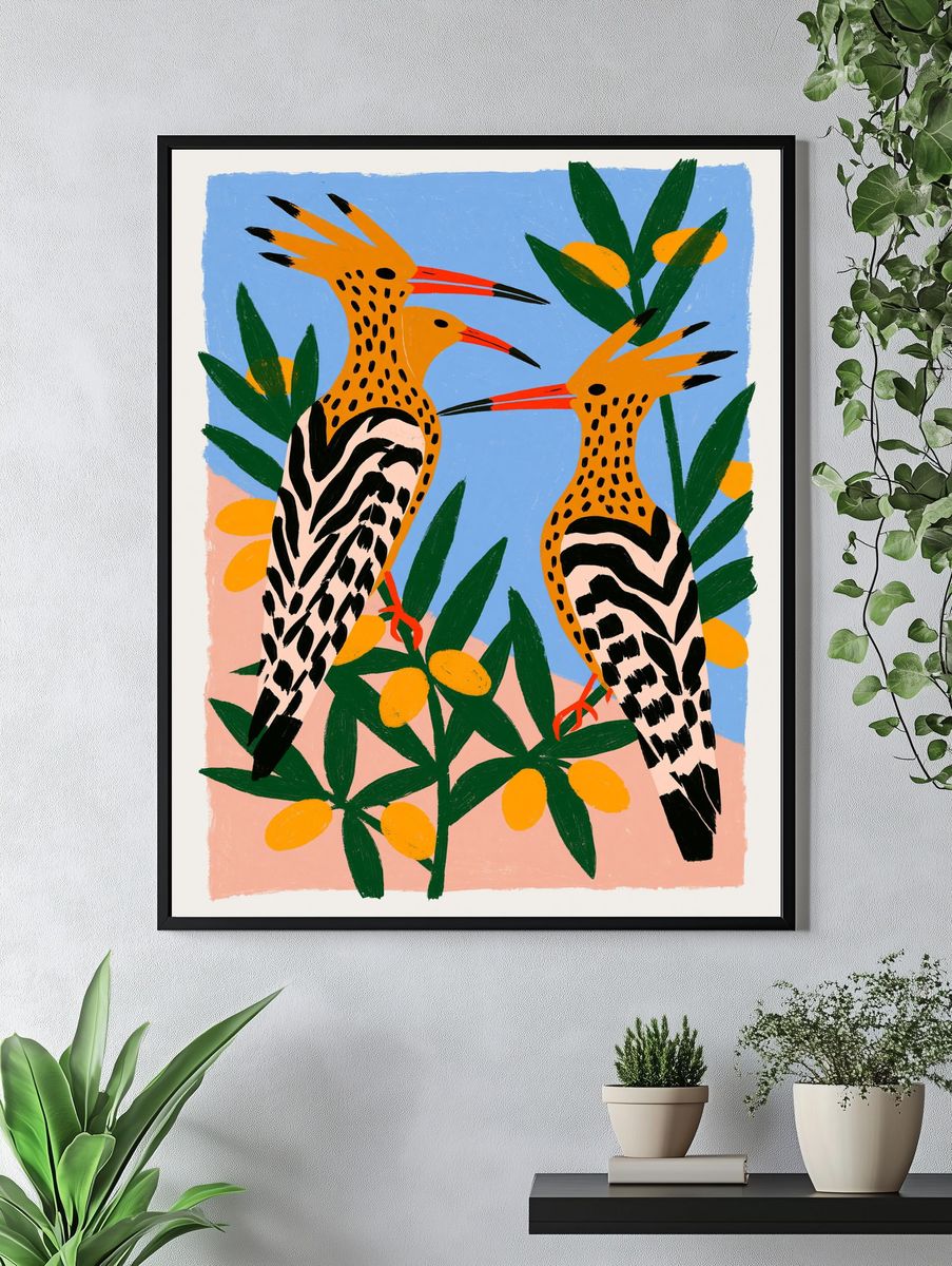 Tropical Hoopoe Birds Illustration Poster. — room view 4