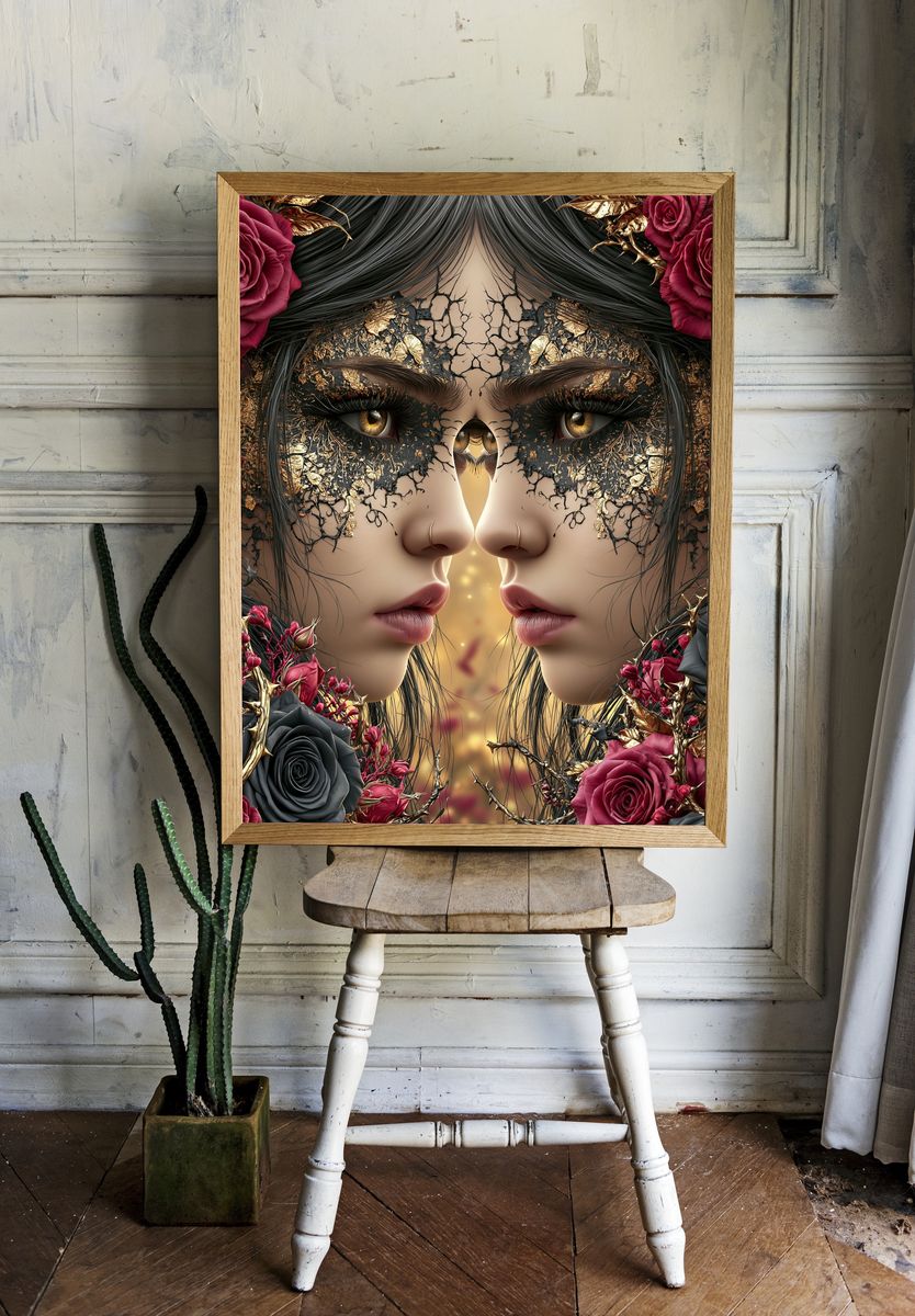 Twin Faces Floral Surrealism Print. room preview