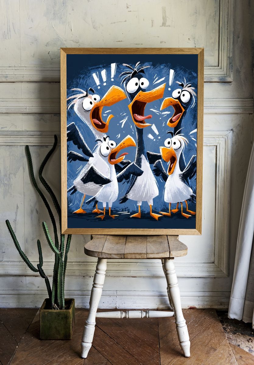 Surprised Seagulls Illustration Poster. room preview