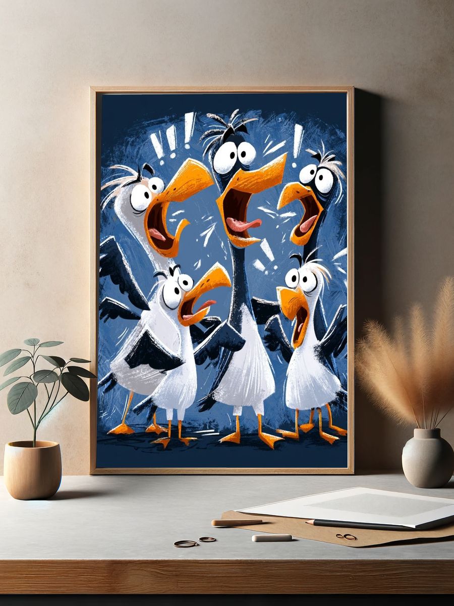 Surprised Seagulls Illustration Poster. — room view 2