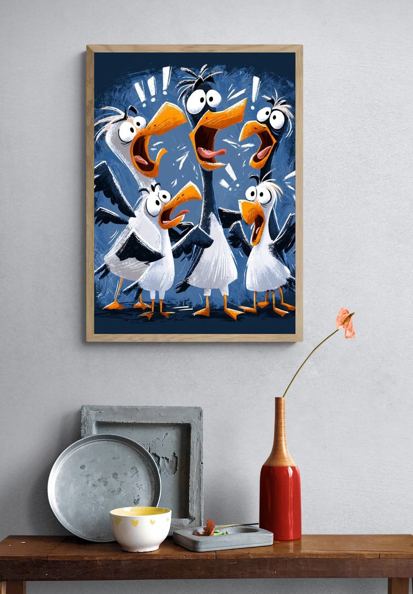 Surprised Seagulls Illustration Poster. — room view 3