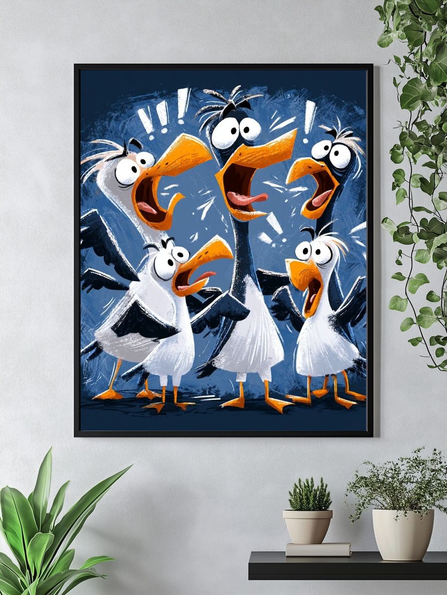 Surprised Seagulls Illustration Poster. — room view 4