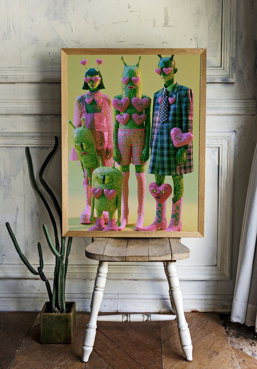 Surreal Heart Aliens Illustration Poster. — room view 1