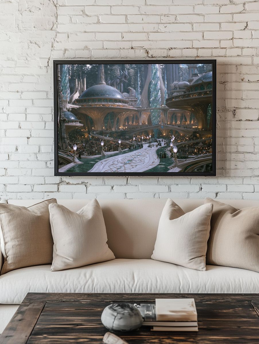 Elven Cityscape Fantasy Print. room preview