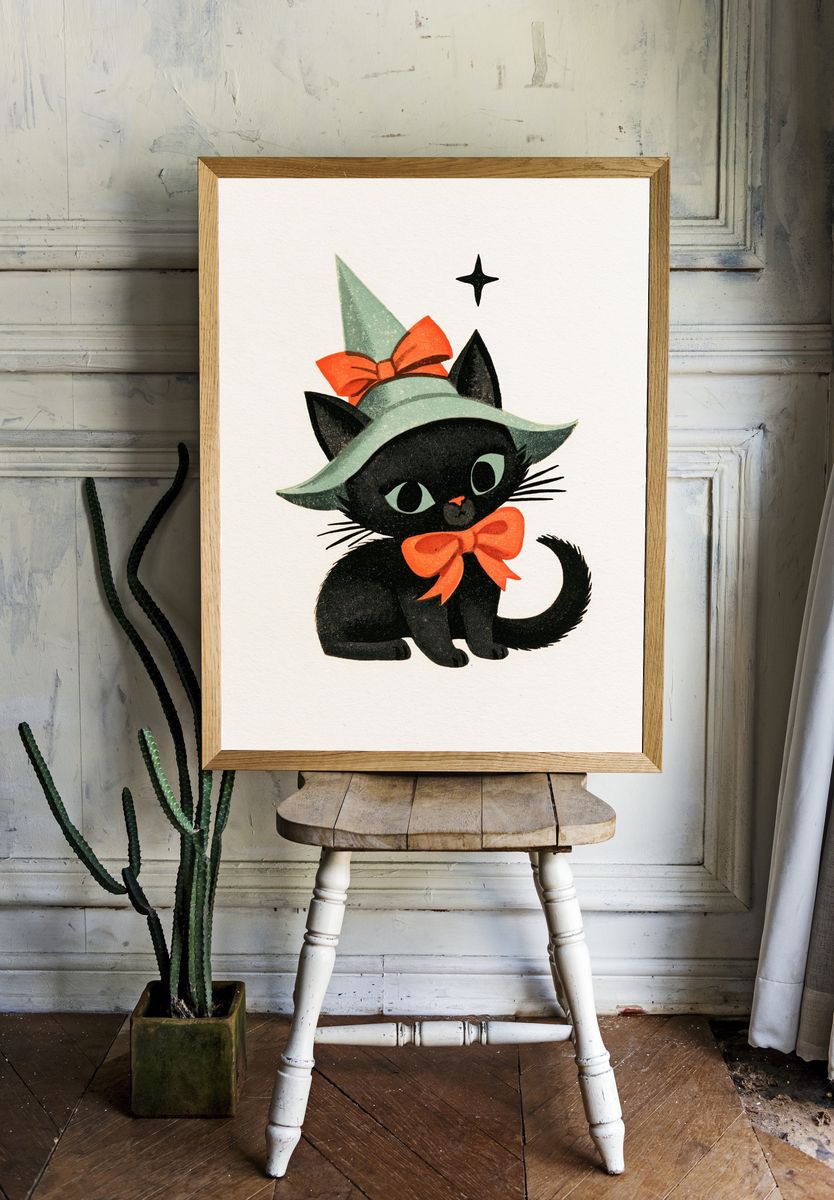 Witch Hat Cat Illustration Poster. — room view 1