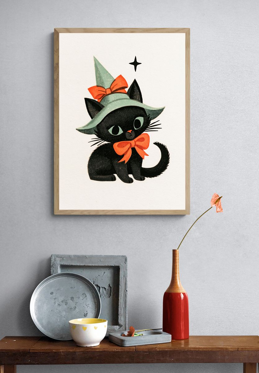 Witch Hat Cat Illustration Poster. — room view 3