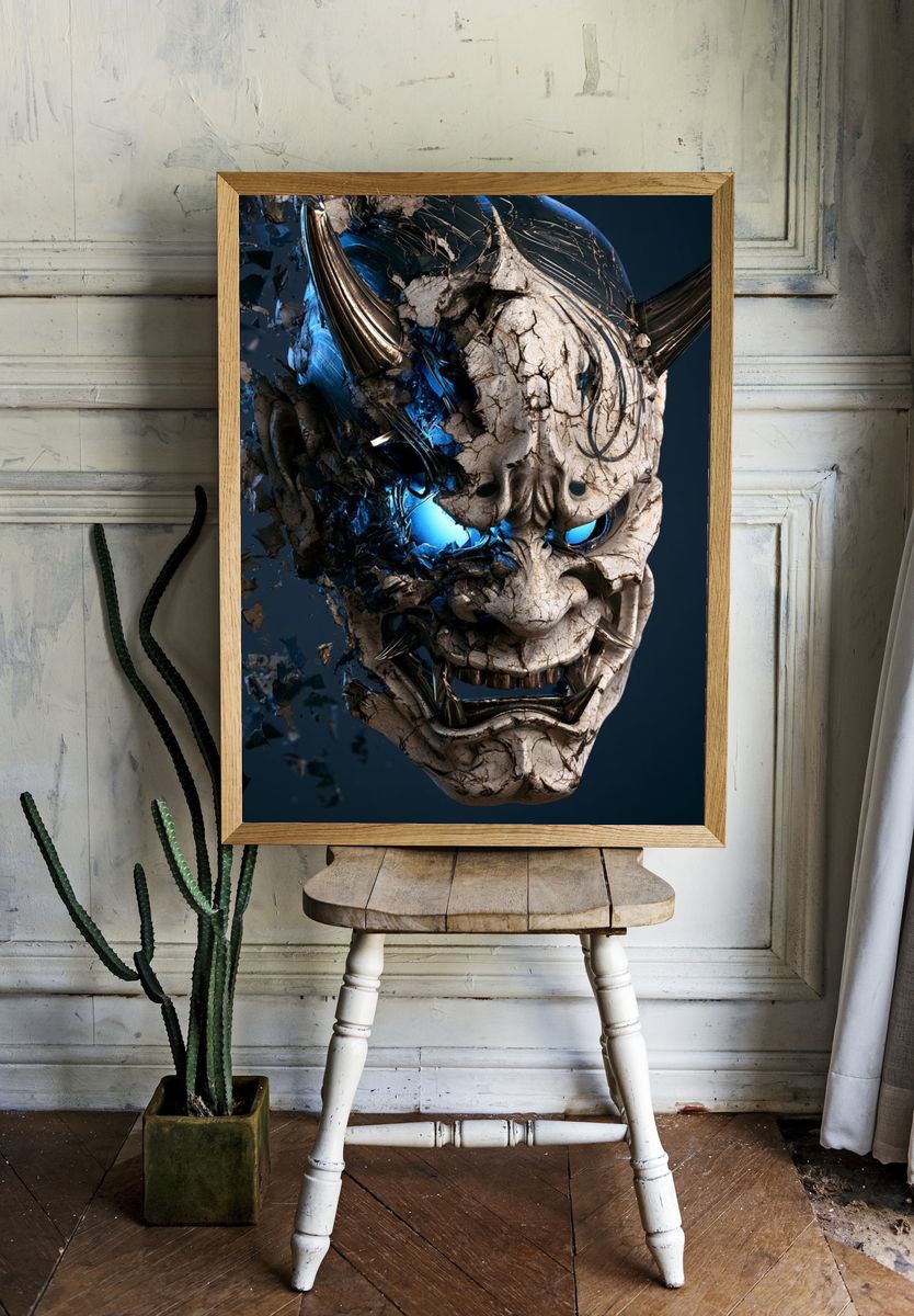 Demonic Oni Mask Illustration Poster. room preview