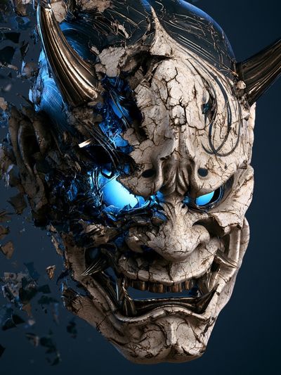 Demonic Oni Mask Illustration Poster.