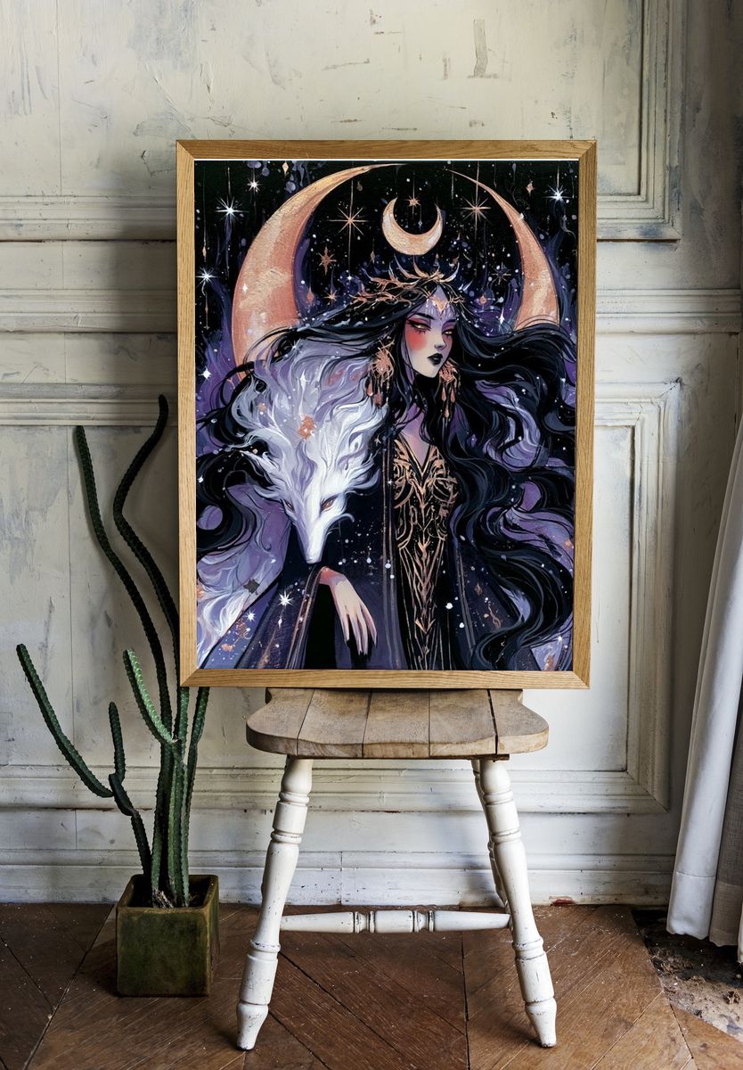 Moon Goddess Wolf Illustration Poster. — room view 1