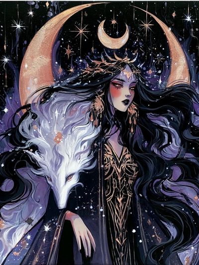 Moon Goddess Wolf Illustration Poster. poster