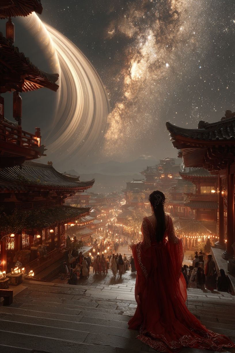 Celestial Temple Nightscape Print. poster — illustration art