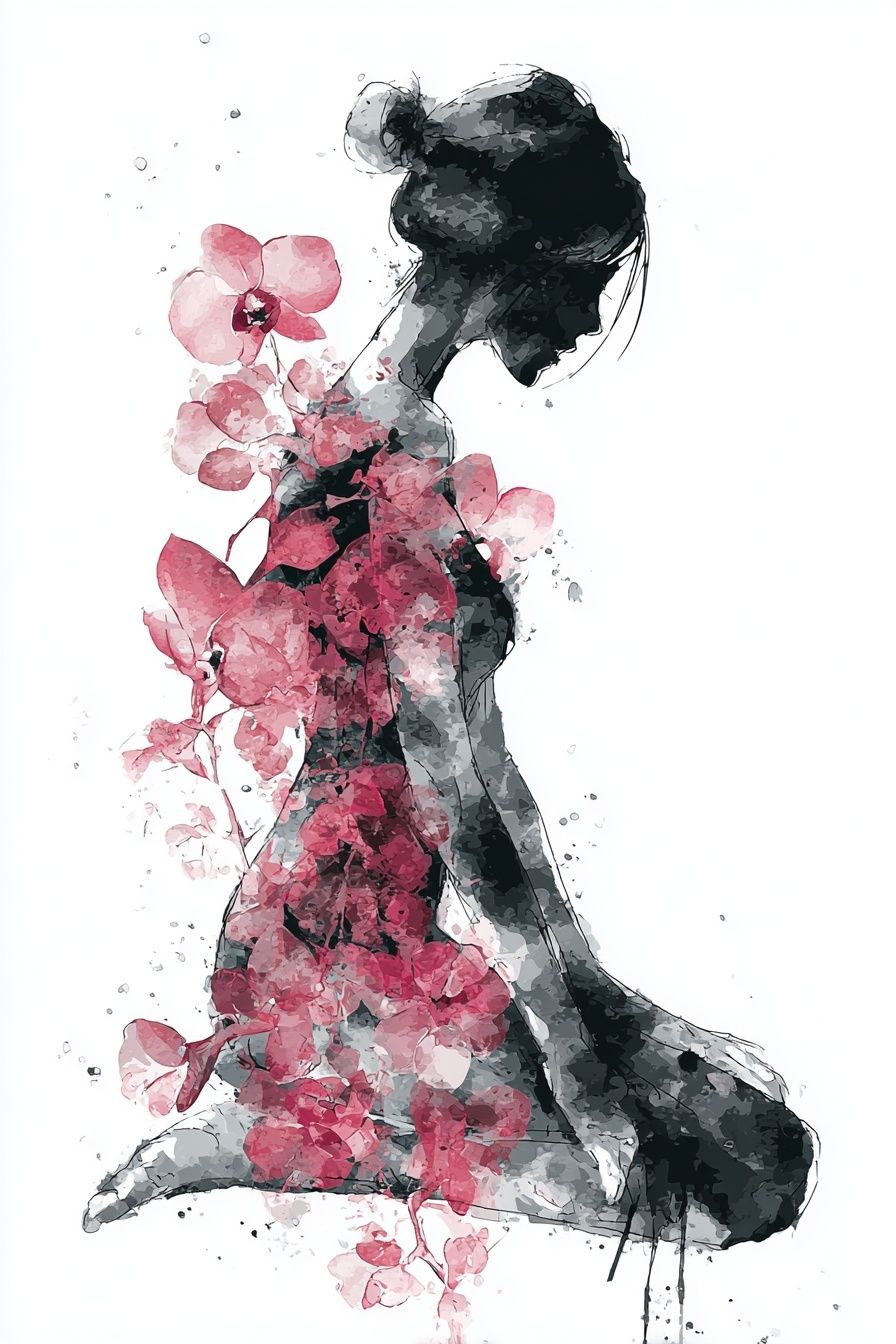 Floral Silhouette Watercolor Print. poster — illustration art