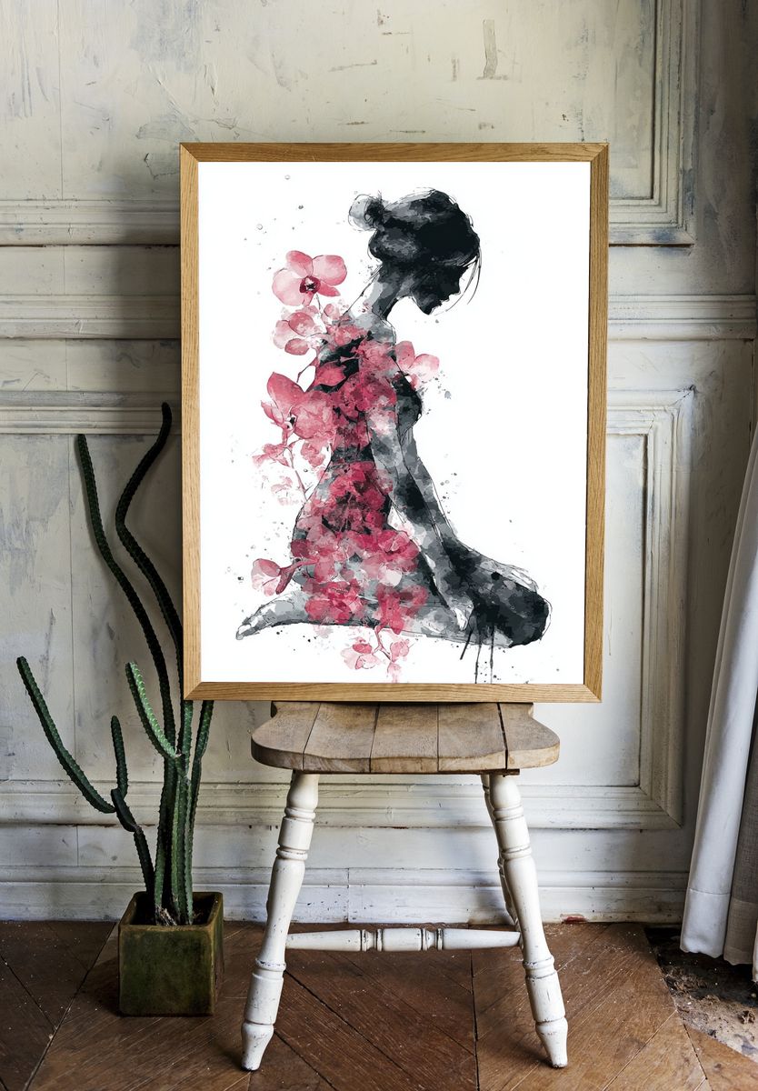 Floral Silhouette Watercolor Print. — room view 1