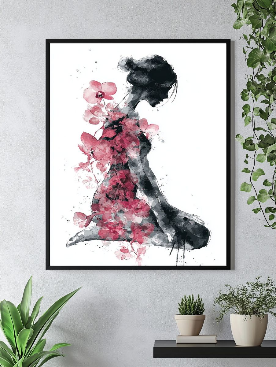 Floral Silhouette Watercolor Print. — room view 4