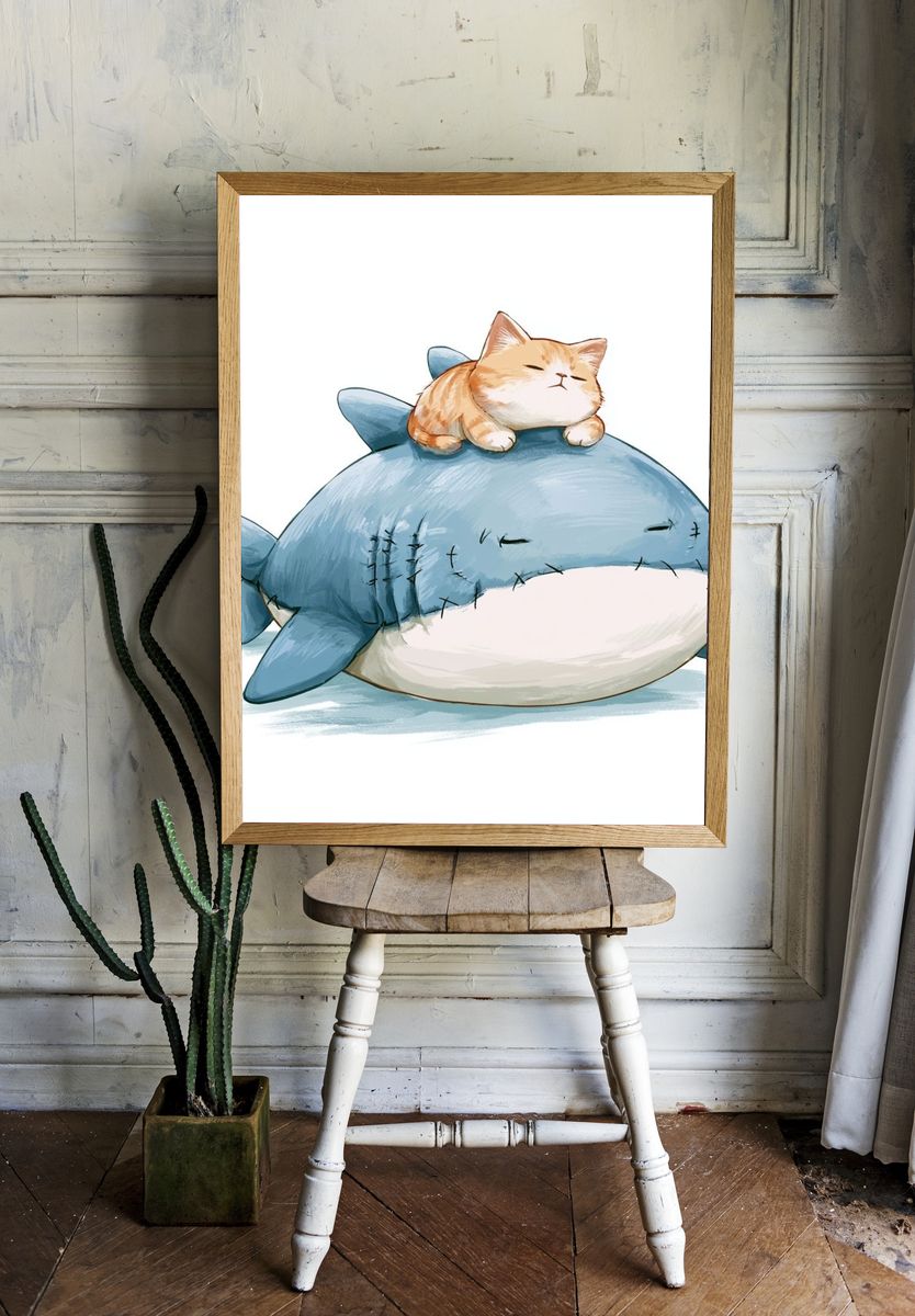 Sleepy Cat on Shark Illustration Poster. — room view 1