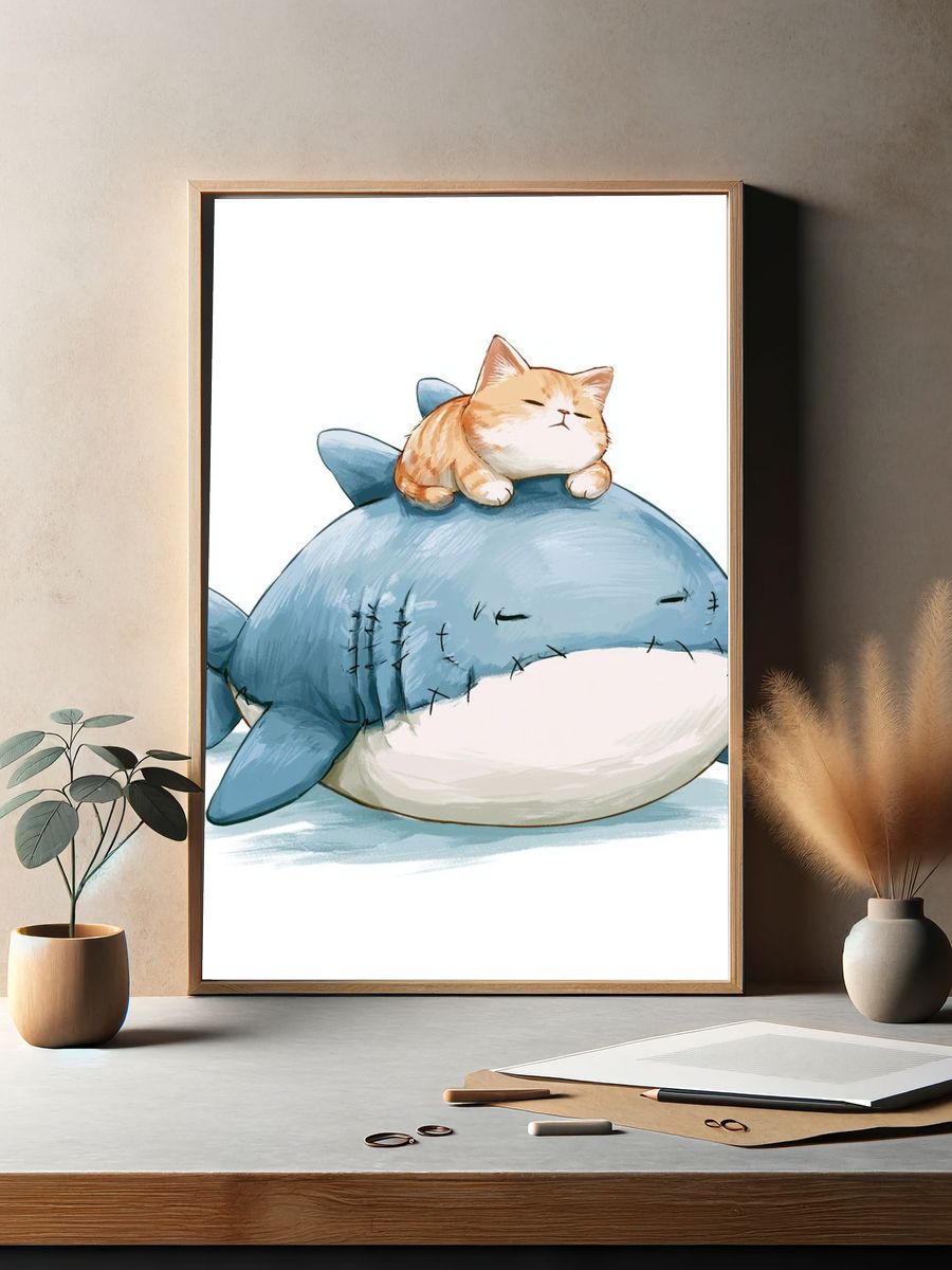 Sleepy Cat on Shark Illustration Poster. — room view 2
