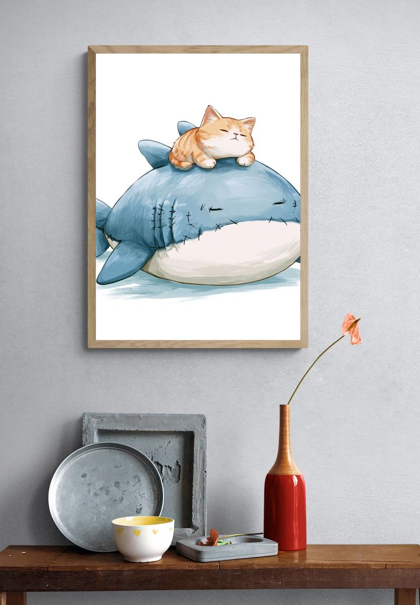 Sleepy Cat on Shark Illustration Poster. — room view 3