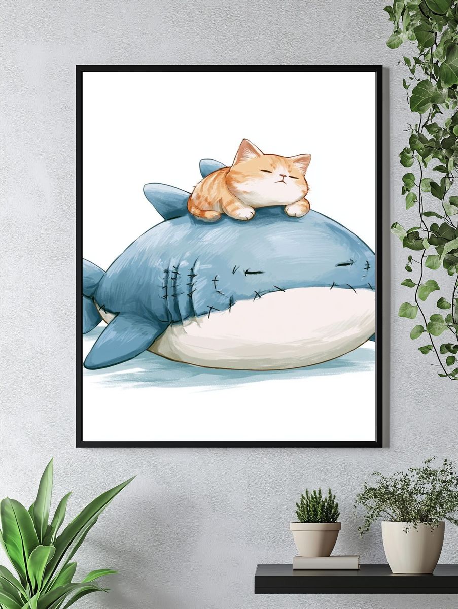 Sleepy Cat on Shark Illustration Poster. — room view 4