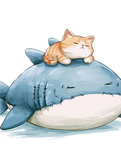 Sleepy Cat on Shark Illustration Poster.