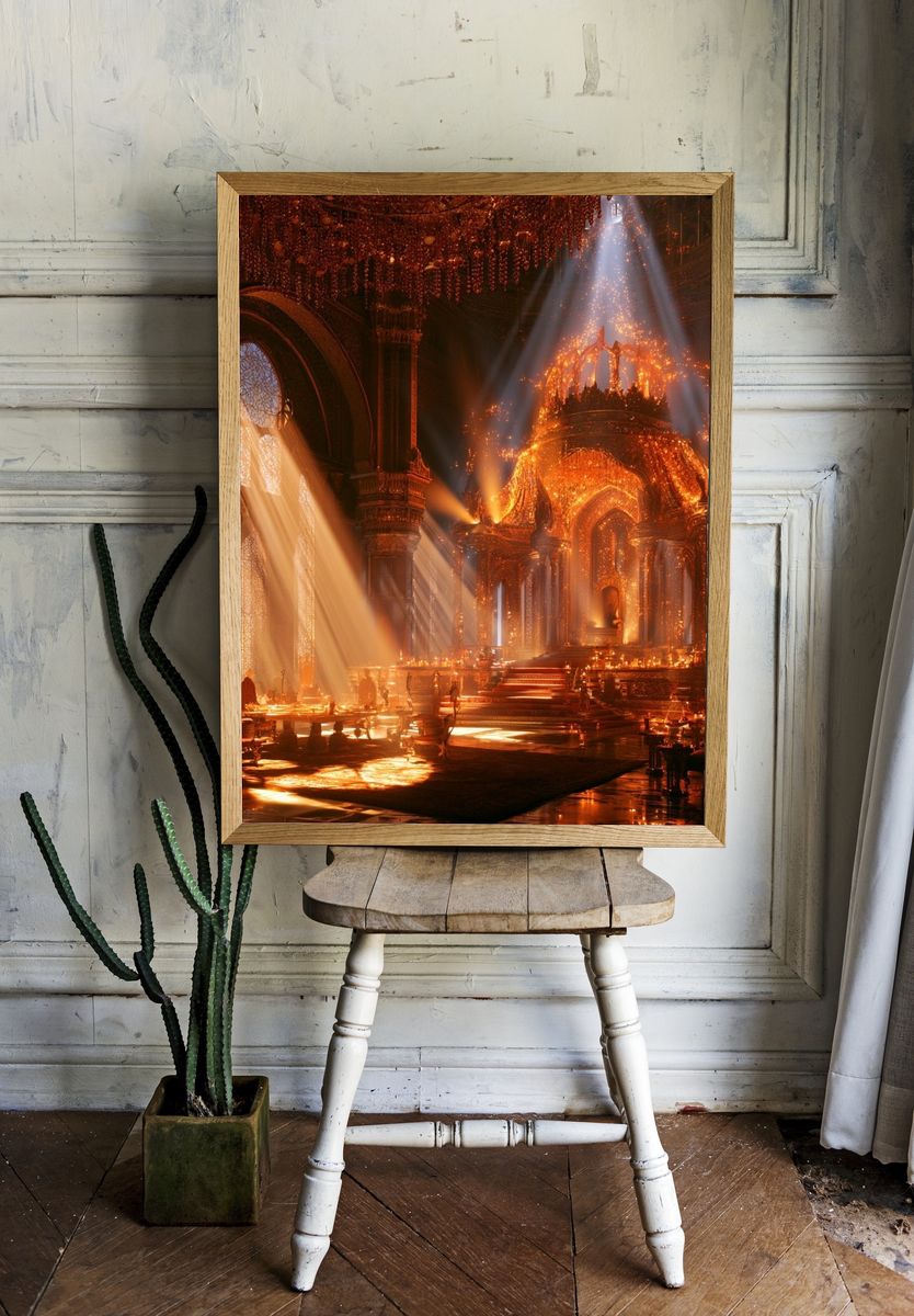 Burning Cathedral Hall Illustration Print. — room view 1