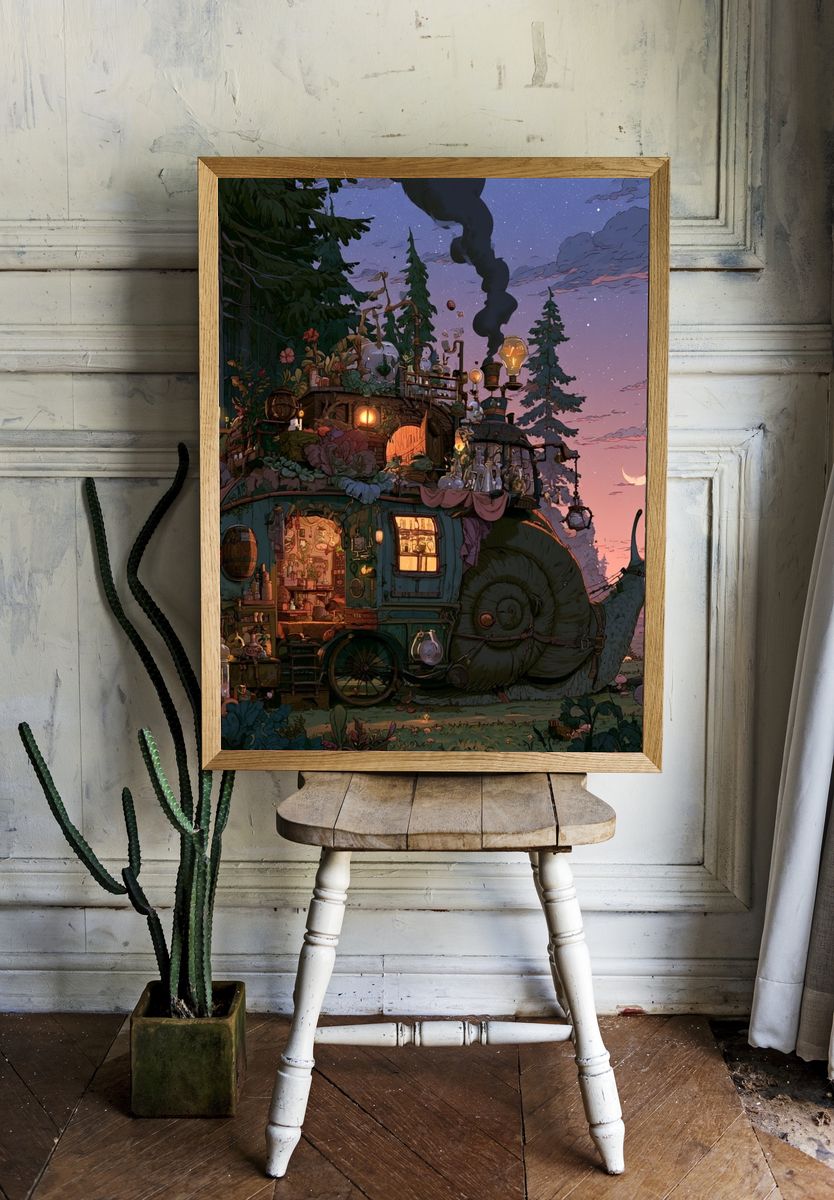 Whimsical Snail Cottage Illustration Poster. — room view 1