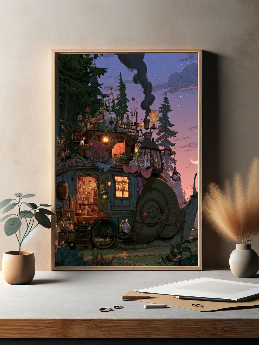 Whimsical Snail Cottage Illustration Poster. — room view 2