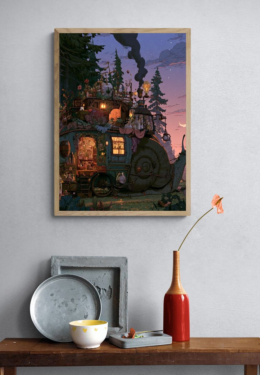 Whimsical Snail Cottage Illustration Poster. — room view 3