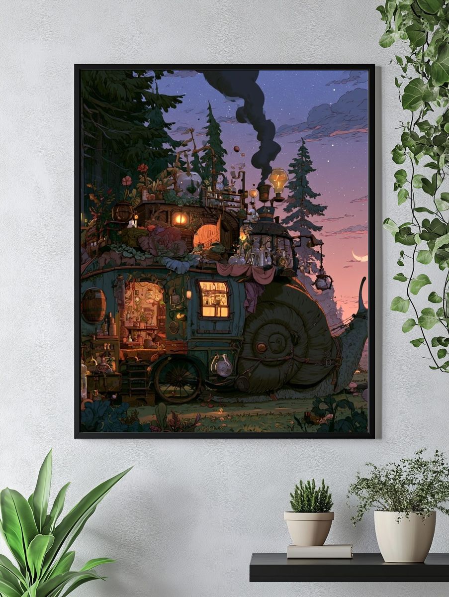 Whimsical Snail Cottage Illustration Poster. — room view 4