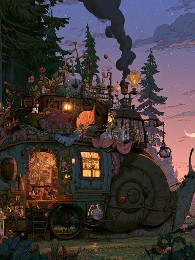 Whimsical Snail Cottage Illustration Poster.