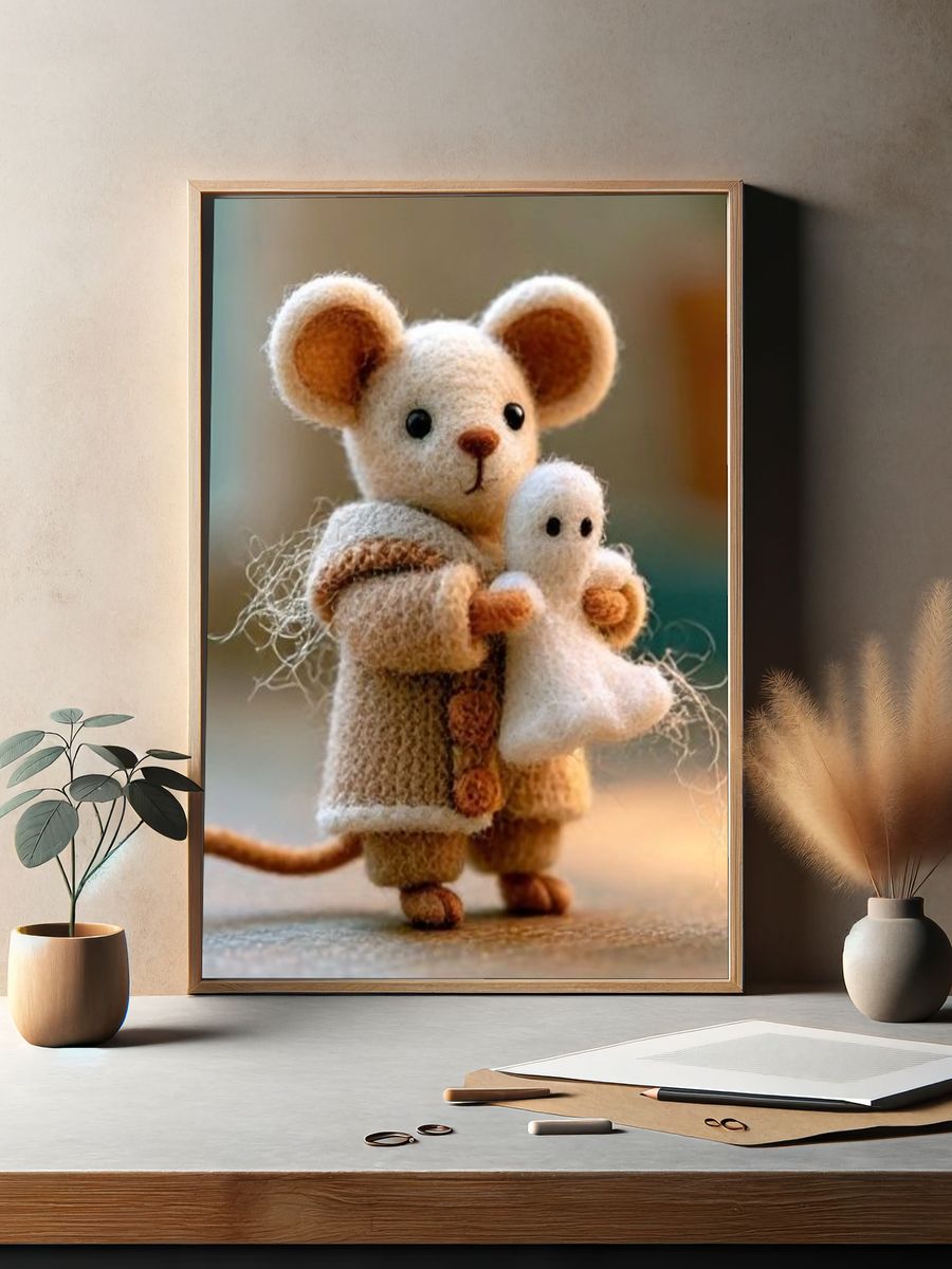 Knitted Mouse and Ghost Illustration Poster. — room view 2
