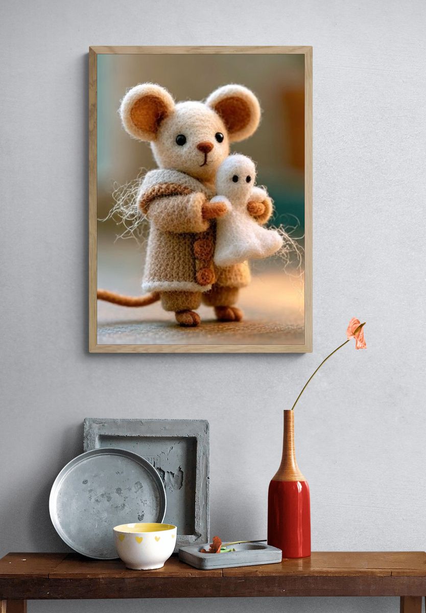 Knitted Mouse and Ghost Illustration Poster. — room view 3