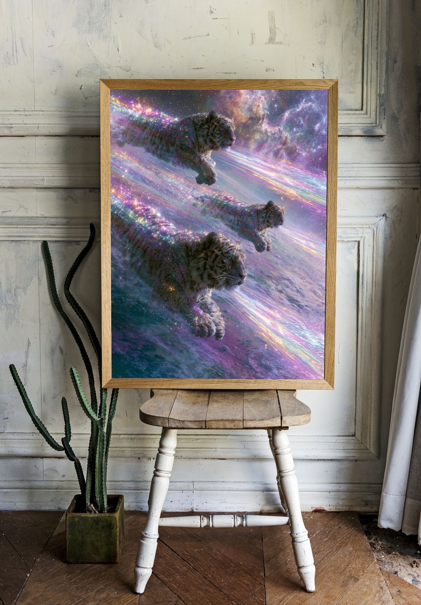 Cosmic Tigers Digital Art Poster. room preview