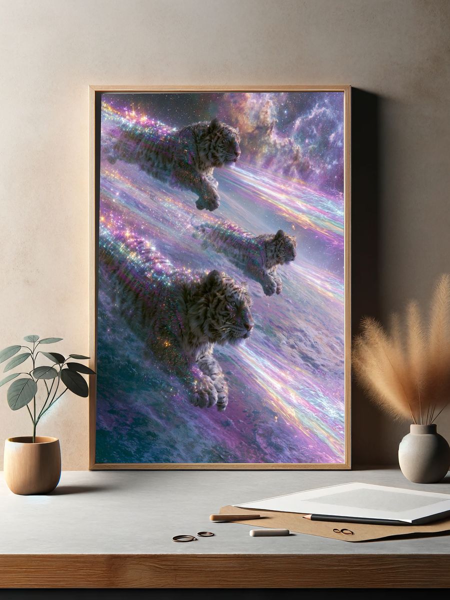 Cosmic Tigers Digital Art Poster. — room view 2