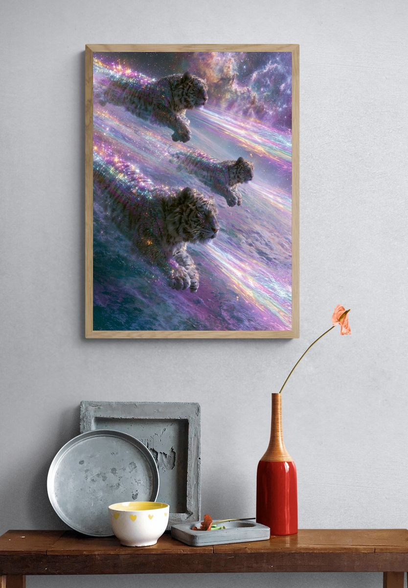 Cosmic Tigers Digital Art Poster. — room view 3