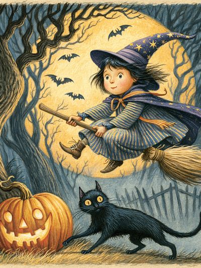 Halloween Witch and Cat Illustration Poster.
