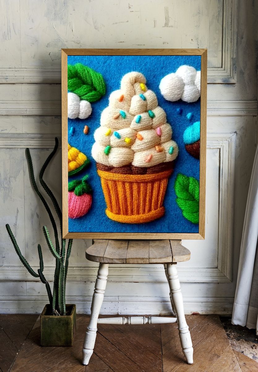 Embroidered Ice Cream Cone Illustration Poster. — room view 1