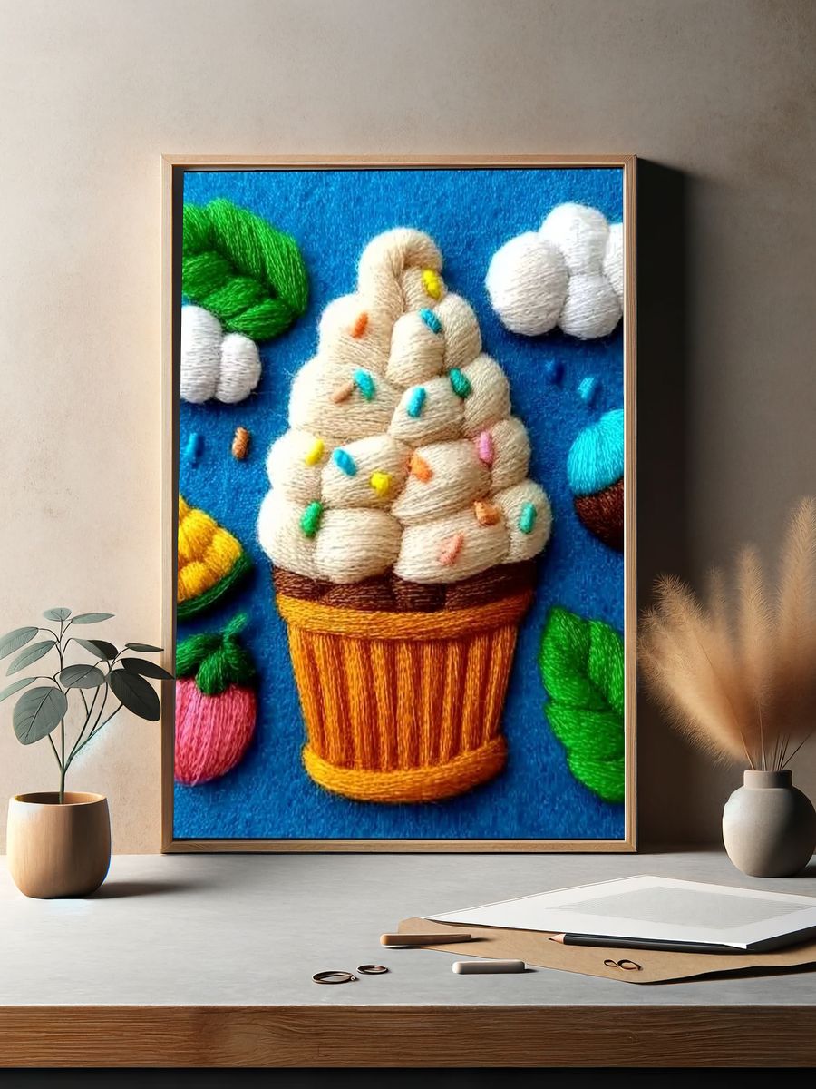 Embroidered Ice Cream Cone Illustration Poster. — room view 2