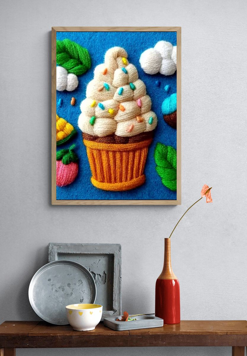Embroidered Ice Cream Cone Illustration Poster. — room view 3