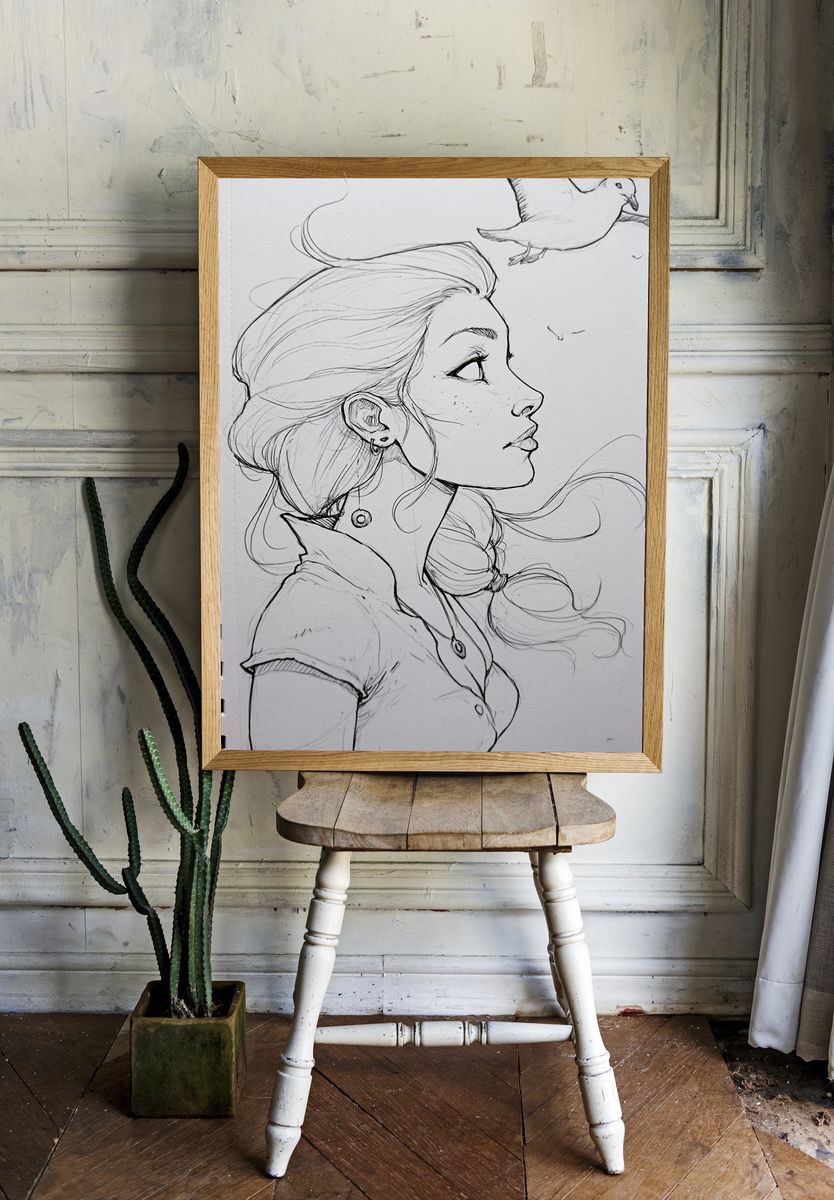 Girl and Dove Sketch Poster. — room view 1