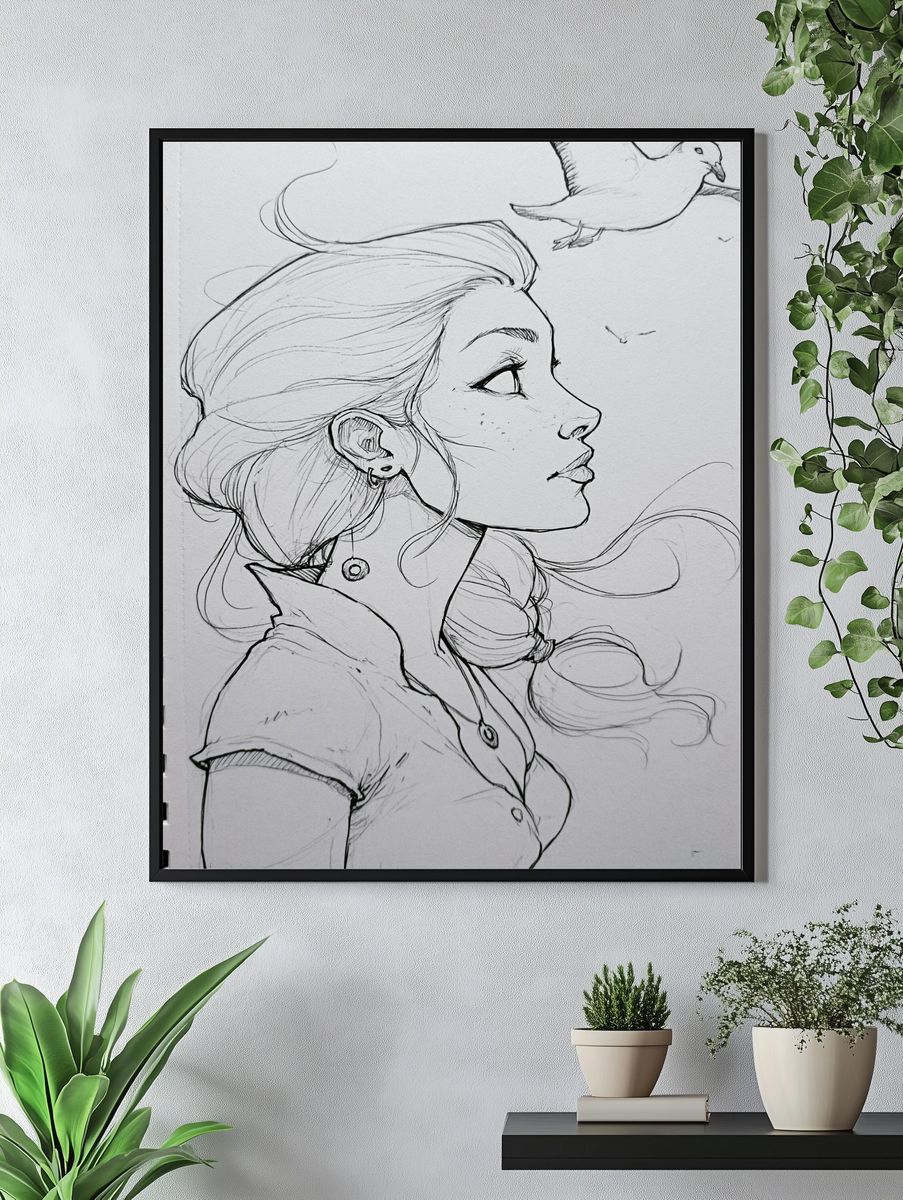 Girl and Dove Sketch Poster. — room view 4