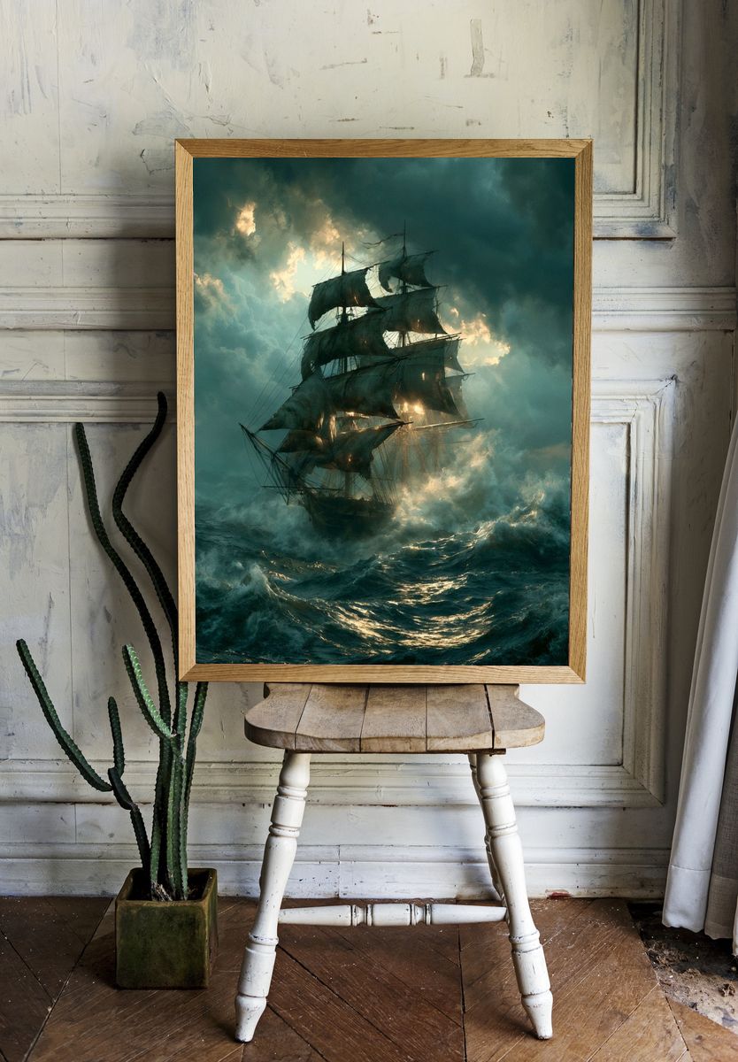 Stormy Tall Ship Illustration Poster. — room view 1