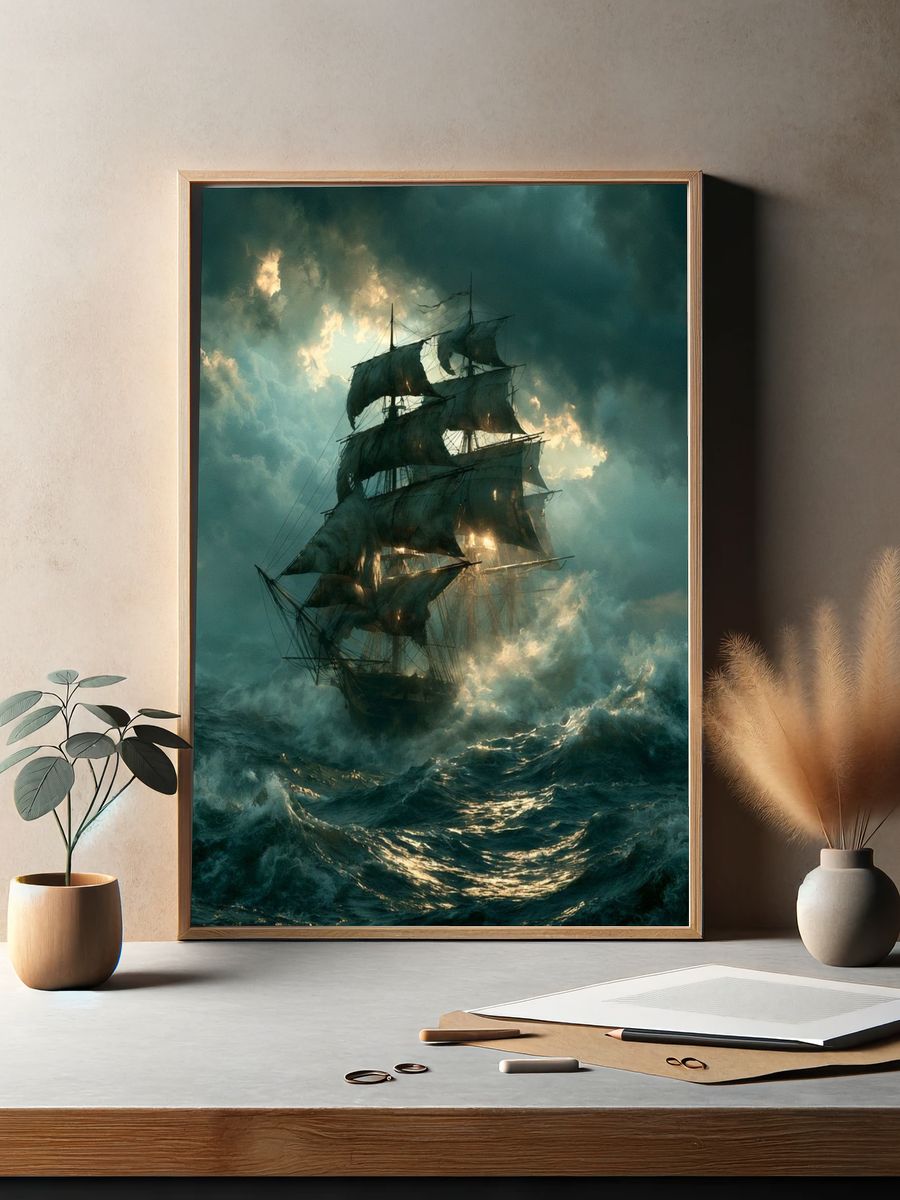Stormy Tall Ship Illustration Poster. — room view 2