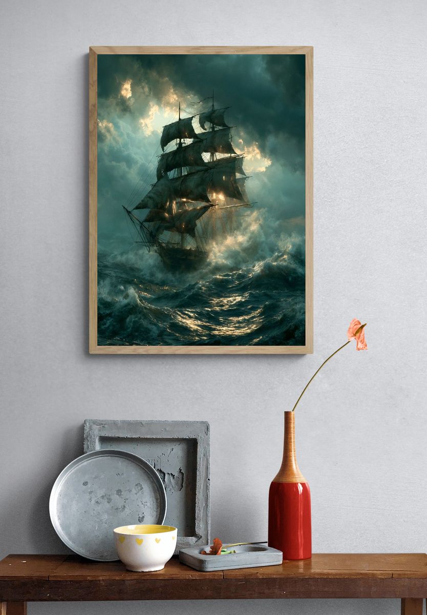 Stormy Tall Ship Illustration Poster. — room view 3